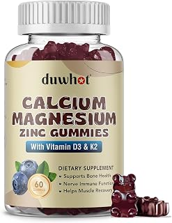 Calcium Magnesium Zinc Gummies for Women, Chewable Calcium Supplement 1000 mg Vitamin D3 & K2, Bone & Nerve Health, Muscle Function, Immune Support & Stress Relief, Blueberry Flavor, 60 Ct