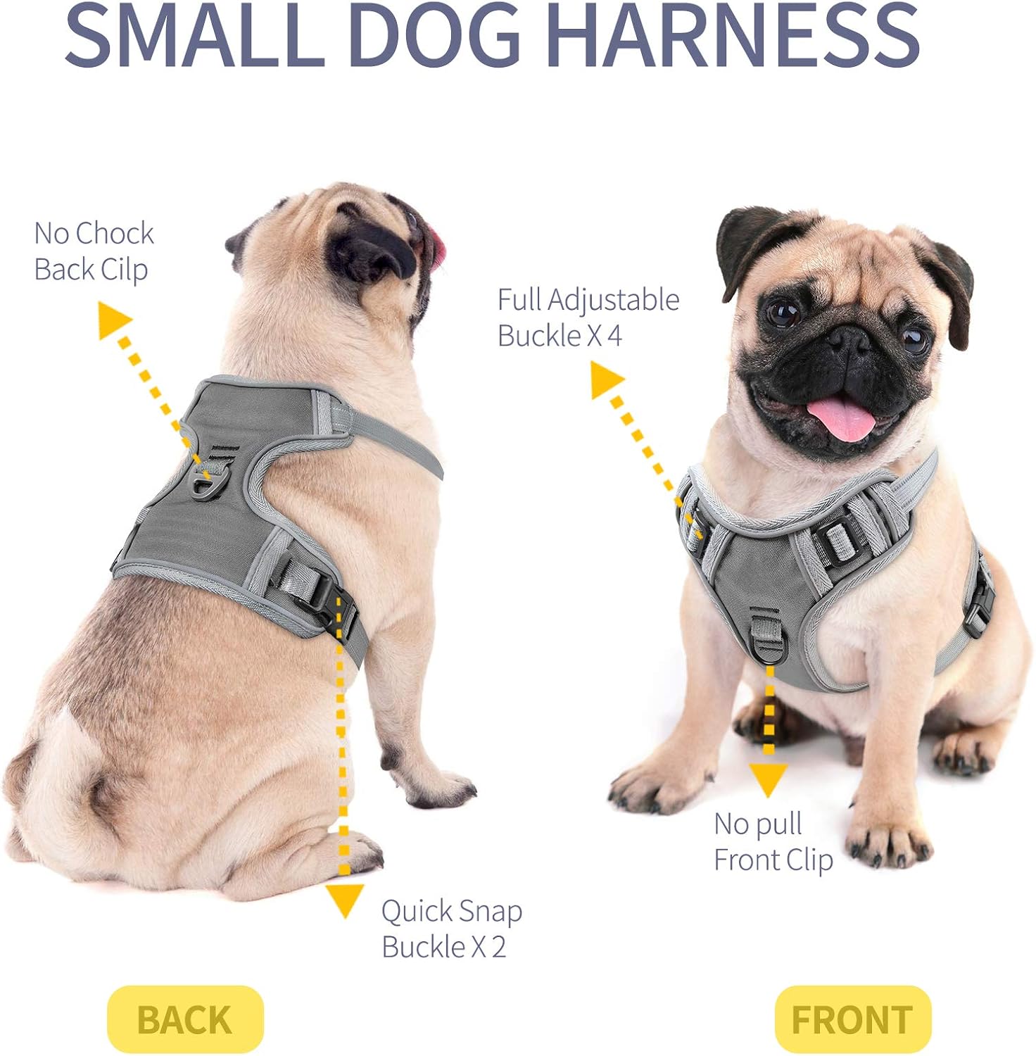 EAVSOW Dog Harness, No Pull Pet Harness with Front & Back 2 Leash Attachments, Adjustable Reflective Dog Vest for Outdoor Walking Training Control (S,Grey)