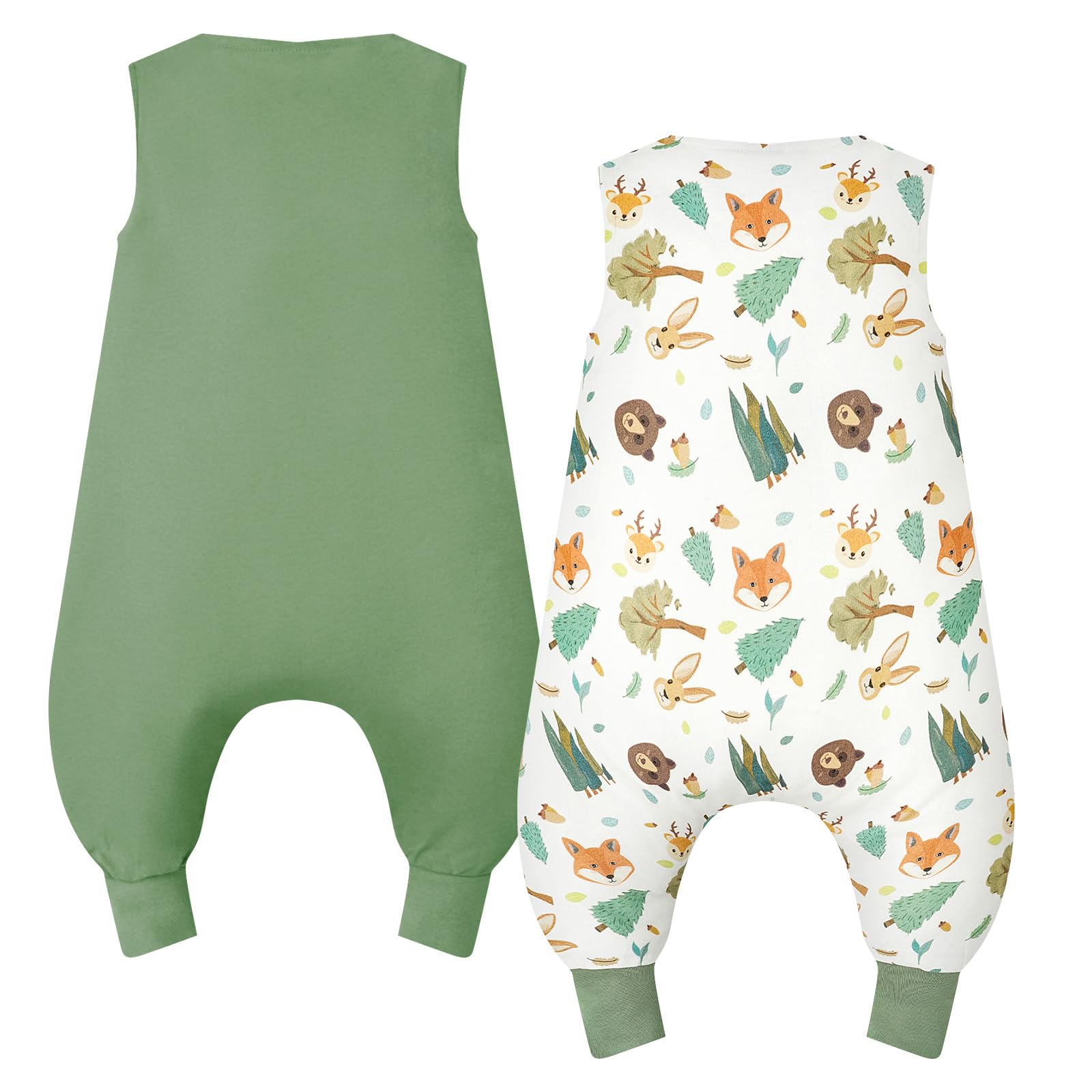 WYTbaby 2 Pack Saco de Dormir con Pies 1.0 Tog 100% Algodón Saco Dormir Bebe para Niños y Niñas, Animal Forestal + Verde Claro