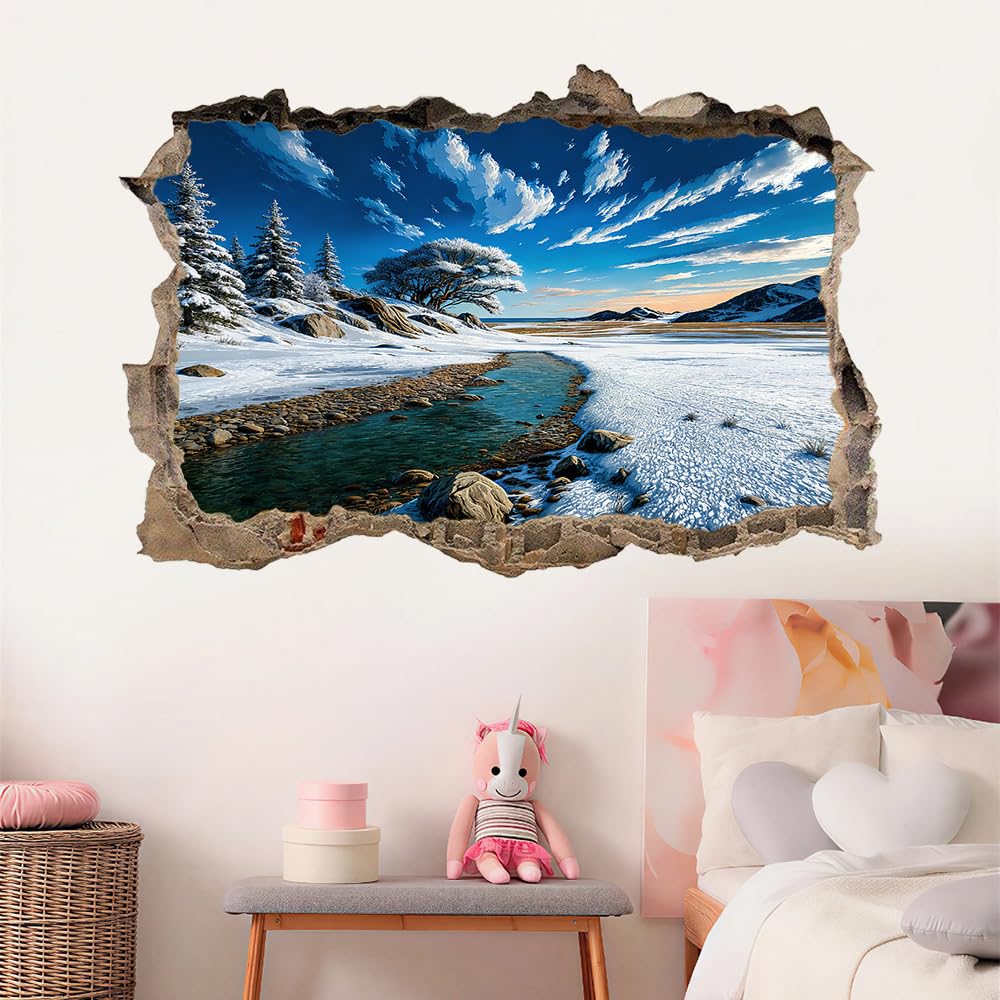Wandtattoo 3D Durchbruch Fluss Wandsticker Wanddekoration selbstklebend Winterliche Naturlandschaft Wandaufkleber Deko Schlafzimmer Wohnzimmer Kinderzimmer Kunst Wohnkultur Wandbilder