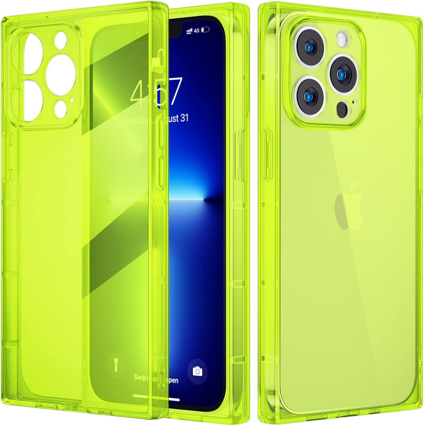 Tzomsze Compatible with iPhone 13 Pro Case for Women,Men Square Clear Cases Reinforced Corners Cushion Slim Shock Absorption TPU Silicone Cover 6.1 Inch 2021 -Fluorescent Green