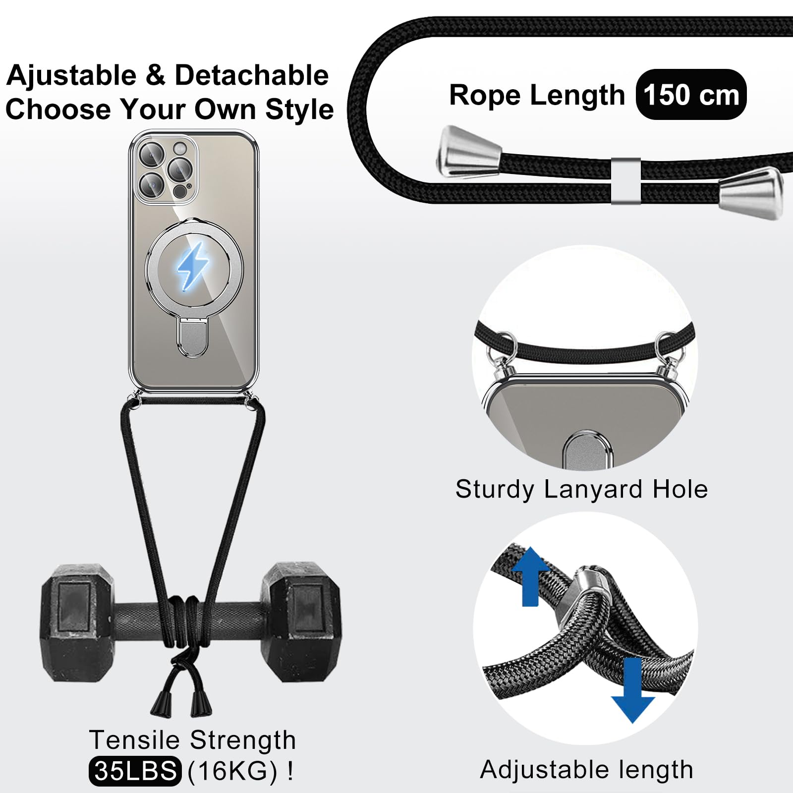 Magnetische Handyhülle Für IPhone 15 Pro Max – Transparent, Mit Band, Kameraschutz & Drehbarem Ständer, MagSafe Kompatibel