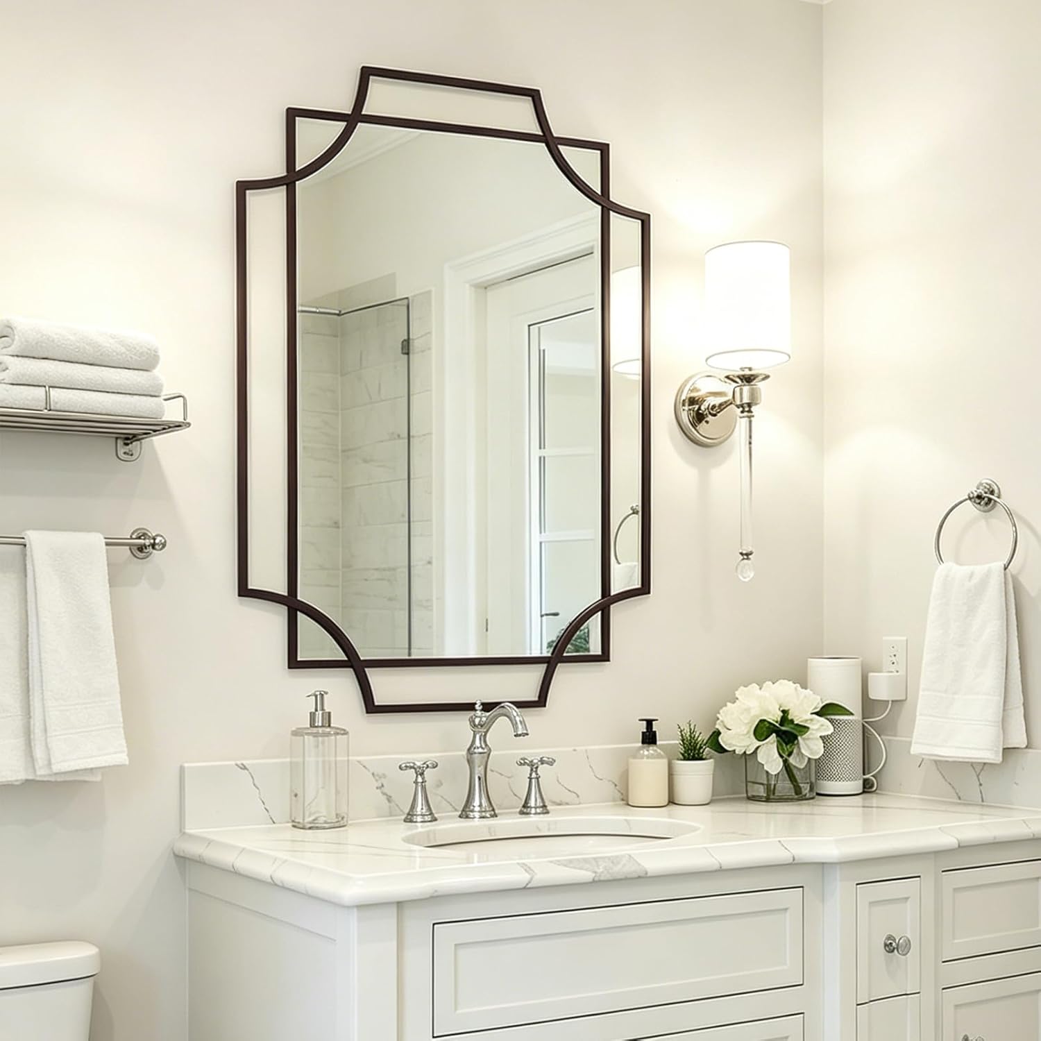 Black Wall Mirrors for Decor, 40''X28'' Large Bathroom Mirror for Vanity with Black Metal Frame, Modern Scalloped Mirror for Entryway, Dining Room, Living Room