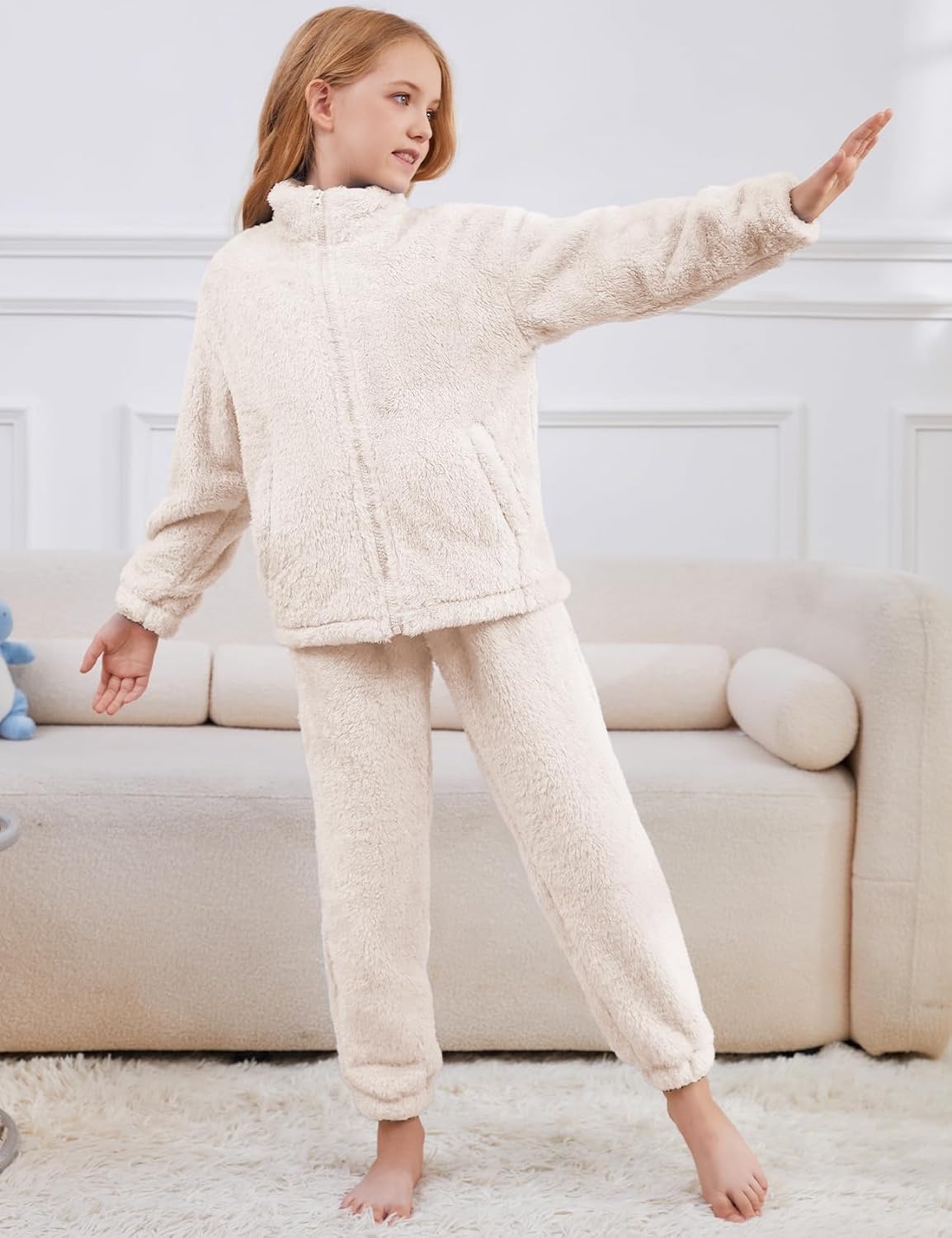 Flygo Girls Fuzzy Pants Sets Kid 2 Piece Winter Fleece Outfits Stand Collar Zip Up Sweatshirts Fluffy Sweatpants with Pockets