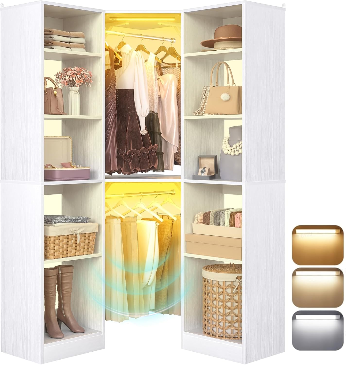 Corner Closet System with 12 Shelves, 39.2" Corner Closet Organizer System with 2 Hanging Rods, Versatile 6-Tier Walk-in Closets for Corner Space, White (39.2" L x 39.2" W x 80" H)