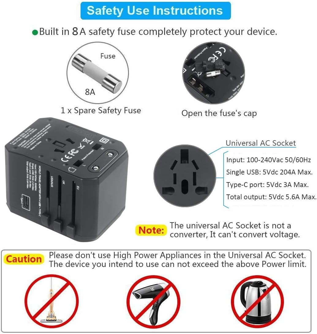 Universal Travel Adapter,4 USB Ports and 1 Type C Fast Charging International Power Adapter,Hyleton All in One Travel Plug Adapter for US, EU,UK,AU,Asia (lxc-M5)