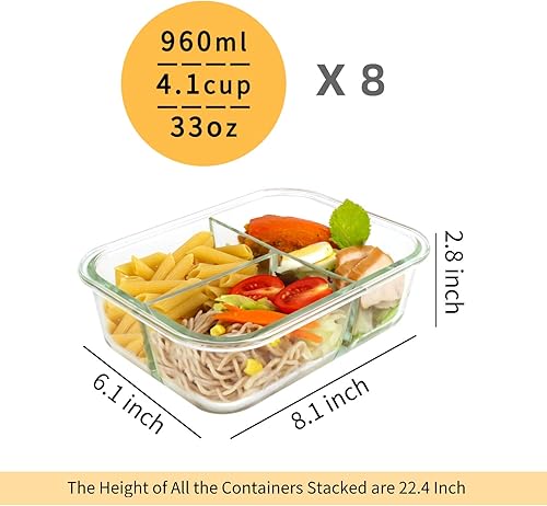 Miniatura 2 de Bayco Paquete de 8 recipientes de vidrio para preparación de comidas, 3 compartimentos, recipientes de vidrio para almacenamiento de alimentos con