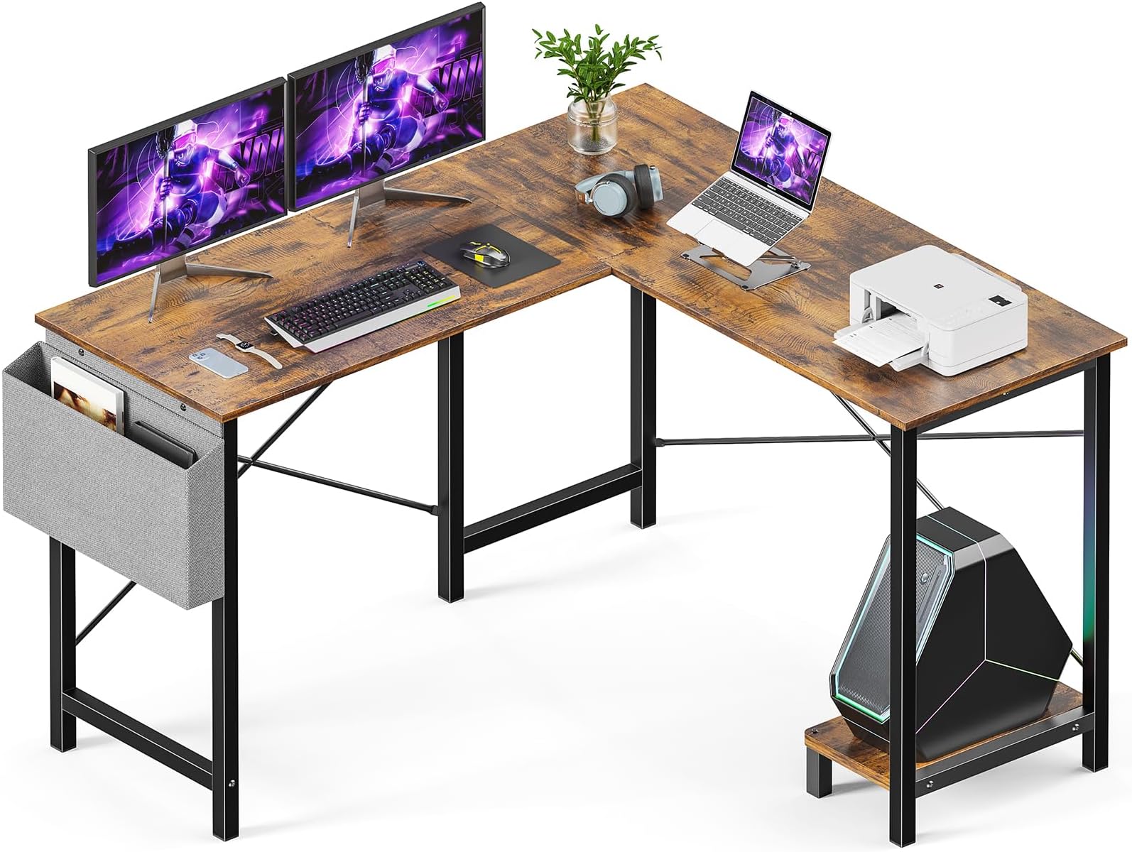 Sweetcrispy L Shaped Desk 50 Inch Computer Gaming Corner Table for Writing Study Student PC with Wooden Desktop Sturdy Metal Frame CPU Stand Side Bag Reversible for Home Office Small Place Brown