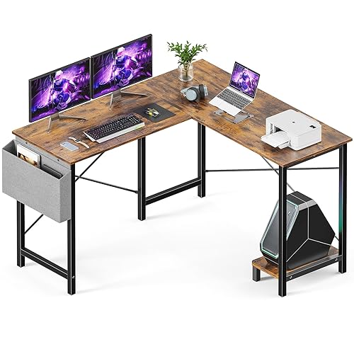 Sweetcrispy L Shaped Desk Computer Gaming Corner Table 51 Inch Home Office Writing Student Work PC Workstation with Side Storage Bag CPU Stand for Bedroom Small Spaces