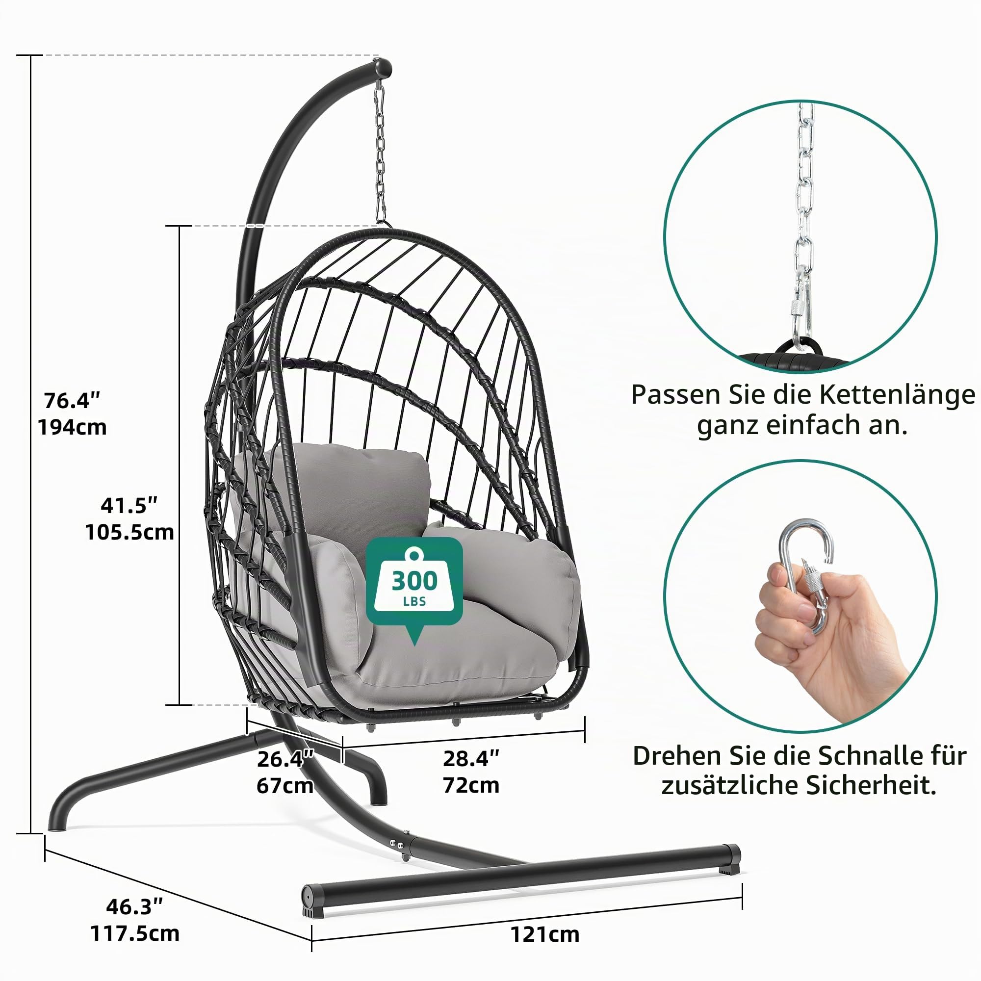 YITAHOME Grau Hängesessel mit Gestell, Rattan-Korb Schaukelstuhl mit strapazierfähiger Polsterung, 160 kg Tragfähigkeit, Garten, Schlafzimmer, Balkon, Outdoor oder Indoor Schaukel Sessel