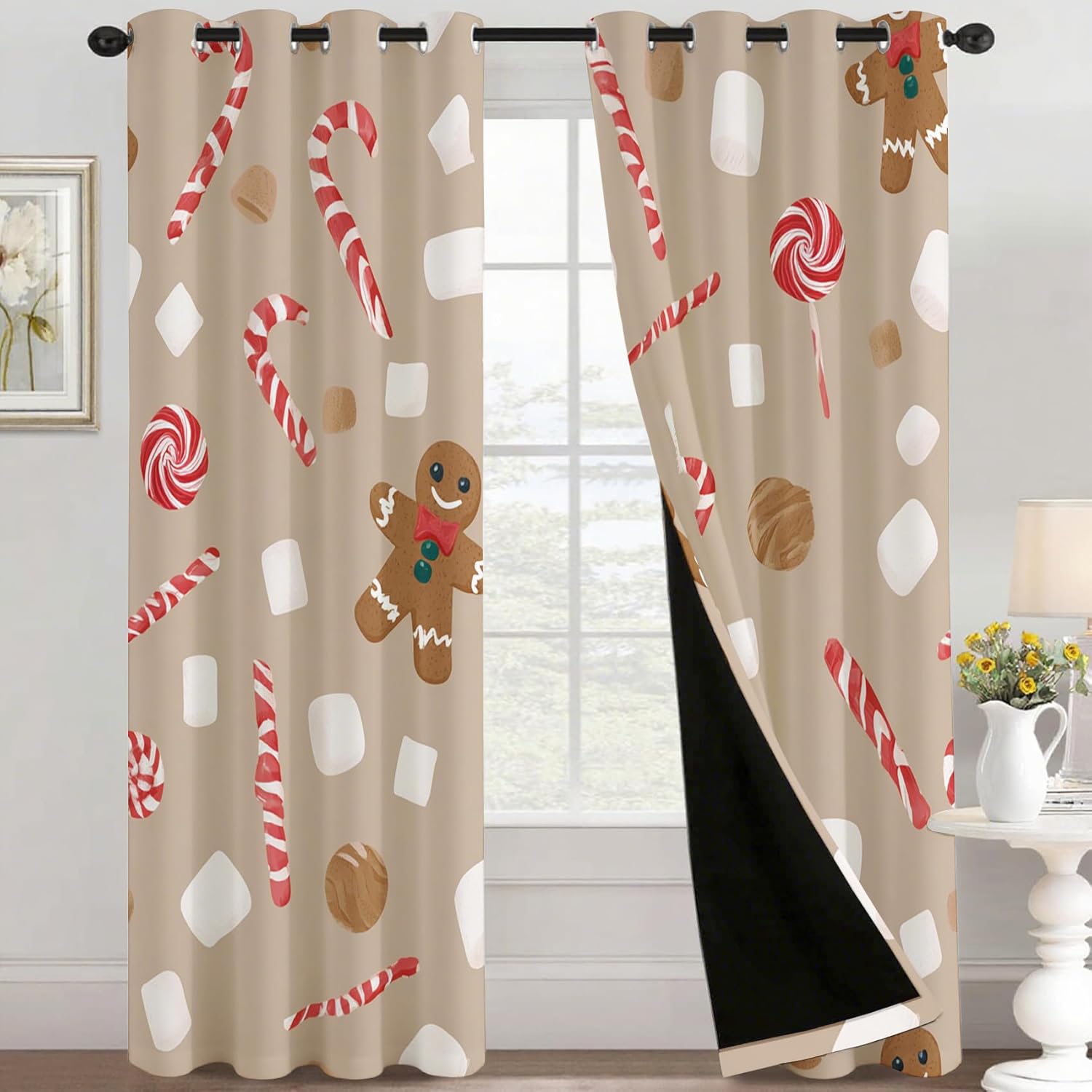 Christmas Bedroom Curtains 63 Inch - Xmas Candy Cane Gingerbread Man Printed Living Room Curtains, Christmas Home Decor Blackout Window Drapes with Grommet, 2 Panels Set - HL2601