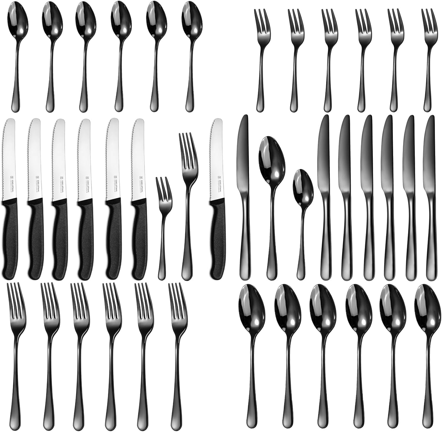 Cutlery Set for 6 People 36-Piece Stainless Steel Cutlery Set with Breakfast Knife High-Quality Cutlery Set Knife Fork Spoon for Family/Party/Hotel Black and Dishwasher Safe Cutlery Sets