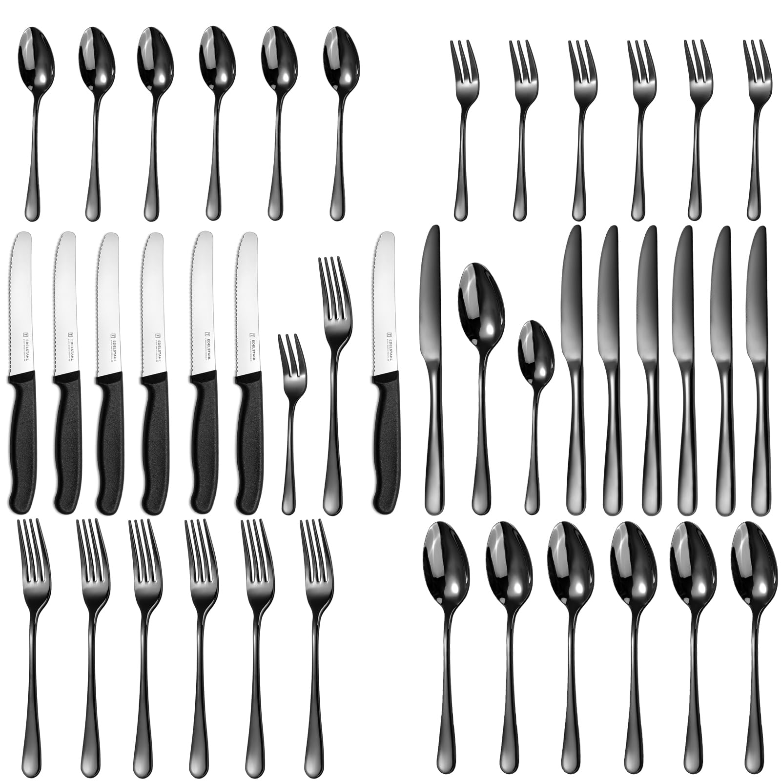 Besteck Set 6 Personen,Targzier 36 teiliges Edelstahl Besteckset mit Frühstücksmesser,Hochwertiges Essbesteck,Messer Gabel Löffel für Familie/Party/Hotel,Schwarzes&Spülmaschinenfest Bestecksets