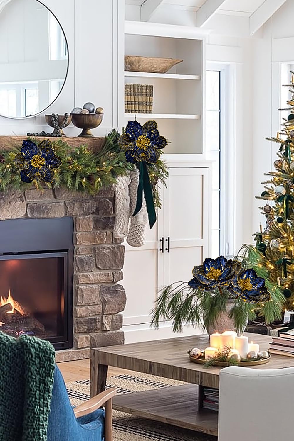 Briful 4 Stücke Weihnachtsstern Christbaumschmuck Magnolie Kunstblumen mit Glitzern Poinsettia Kunstzweig Weihnachtliche Dekoration Weihnachtsbaum Neujahr Ornamente