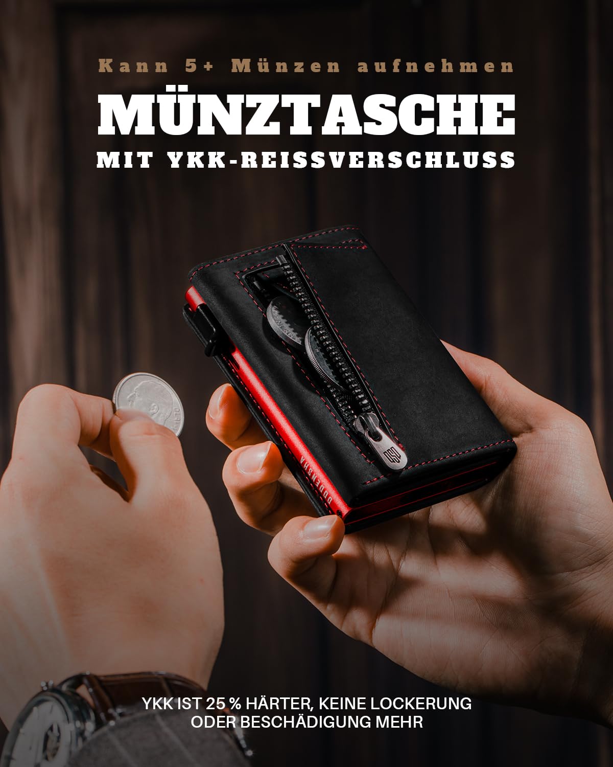 DODENSHA MagSnap Geldbörse Herren I Slim Wallet mit Münzfach I Wallets for Men für 10+ Karten I Magnetischer Verschluss portmonee Herren Slim I RFID Schutz I SchwarzRot