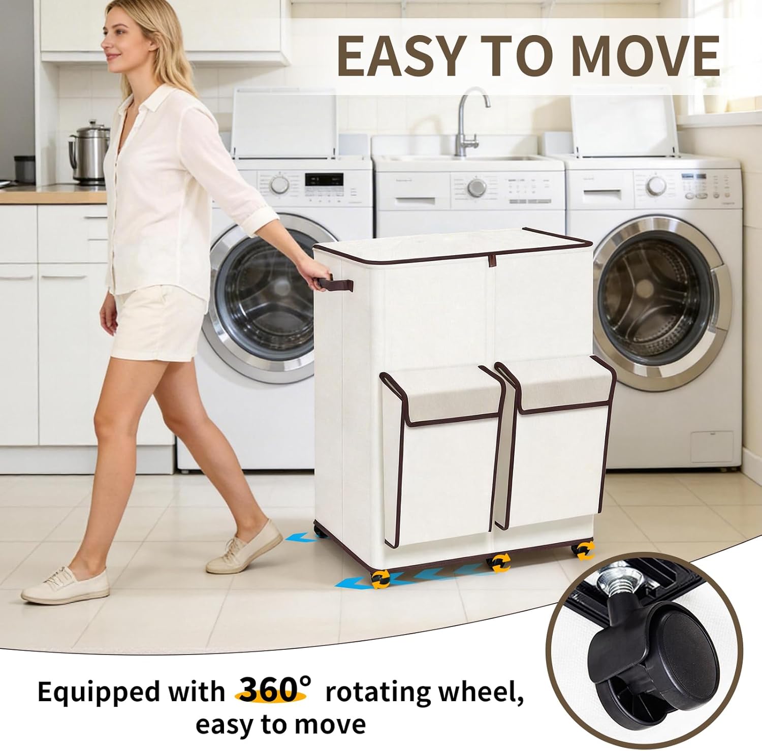 180L Large Dual Laundry Hamper With Lid And Wheels, Big Rolling Laundry Basket 2 Section Dirty Clothes Basket With 2 Side Pockets, Laundry Hanper With 2 Removable Bag For Laundry Room, Bedroom (White)