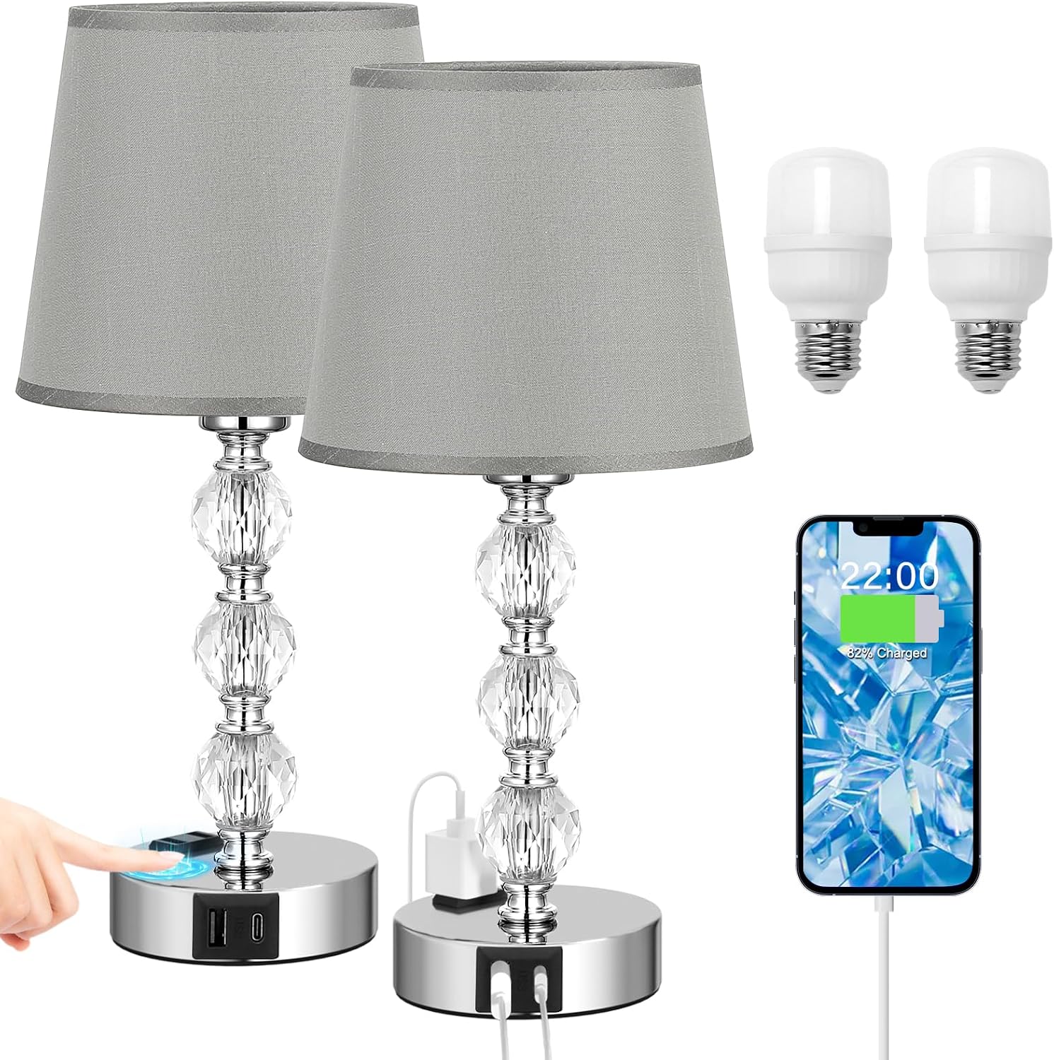 Crystal Table Lamp Set of 2 for Bedroom/Living Room, 14.6in (Gray)