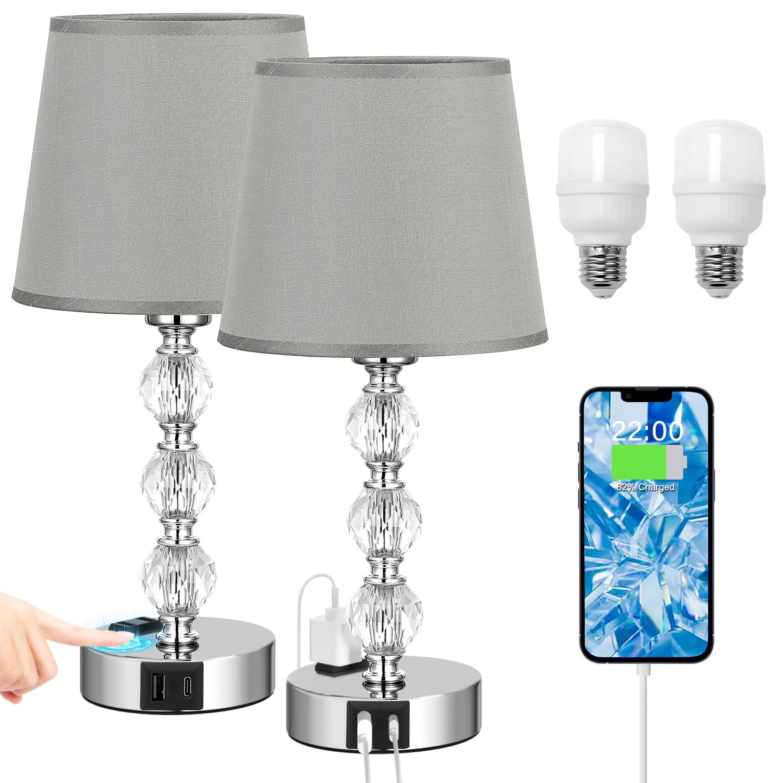 Lámparas para dormitorio, juego de 2 lámparas de mesa de cristal con puertos USB C+A y salida de CA para carga, 3 vías regulables al tacto, plateadas, lámpara de mesa auxiliar para sala de estar 8