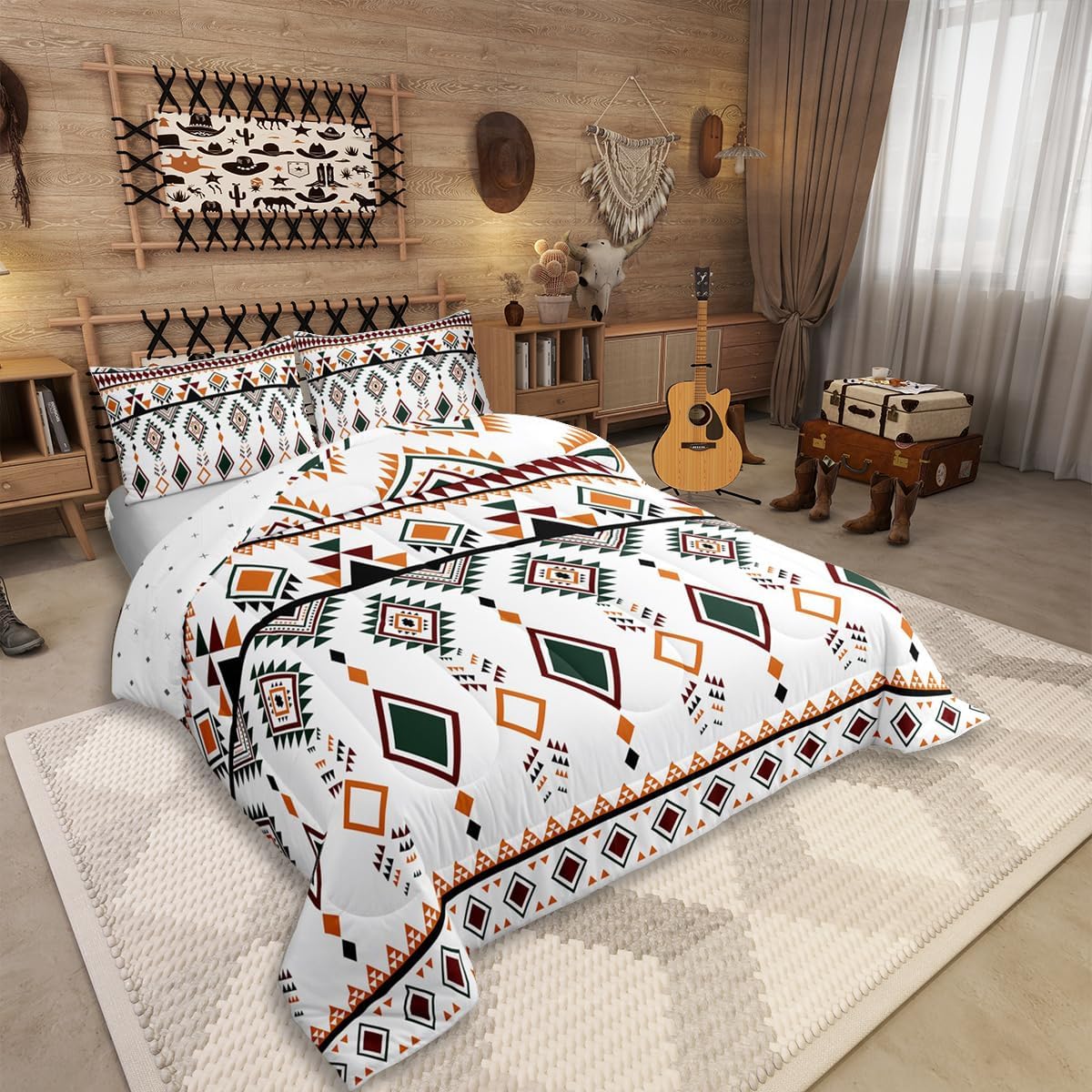 Erosebridal Rustic Western Comforter Set Queen Size, Bohemian Aztec Southwestern Bedding Set for Kids Boys Teens Adult Bedroom, Vintage American Native Duvet Insert Indian Exotic Geometric Quilt