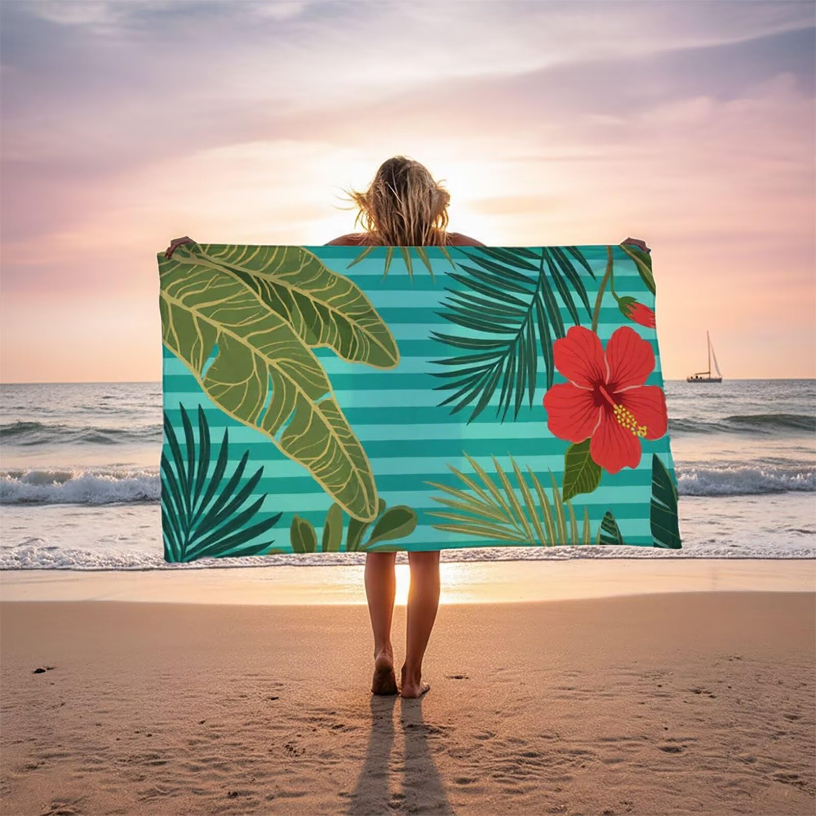 Toalla Playa Flor, Toalla Playa Grande 220x100 cm Suave Cómodo y Absorbente para Vacaciones Imprescindibles para Viajar, Toallas Gimnasio para Yoga Gym SPA Sauna Baños Regalo Mujere Raya LSTJ-0245