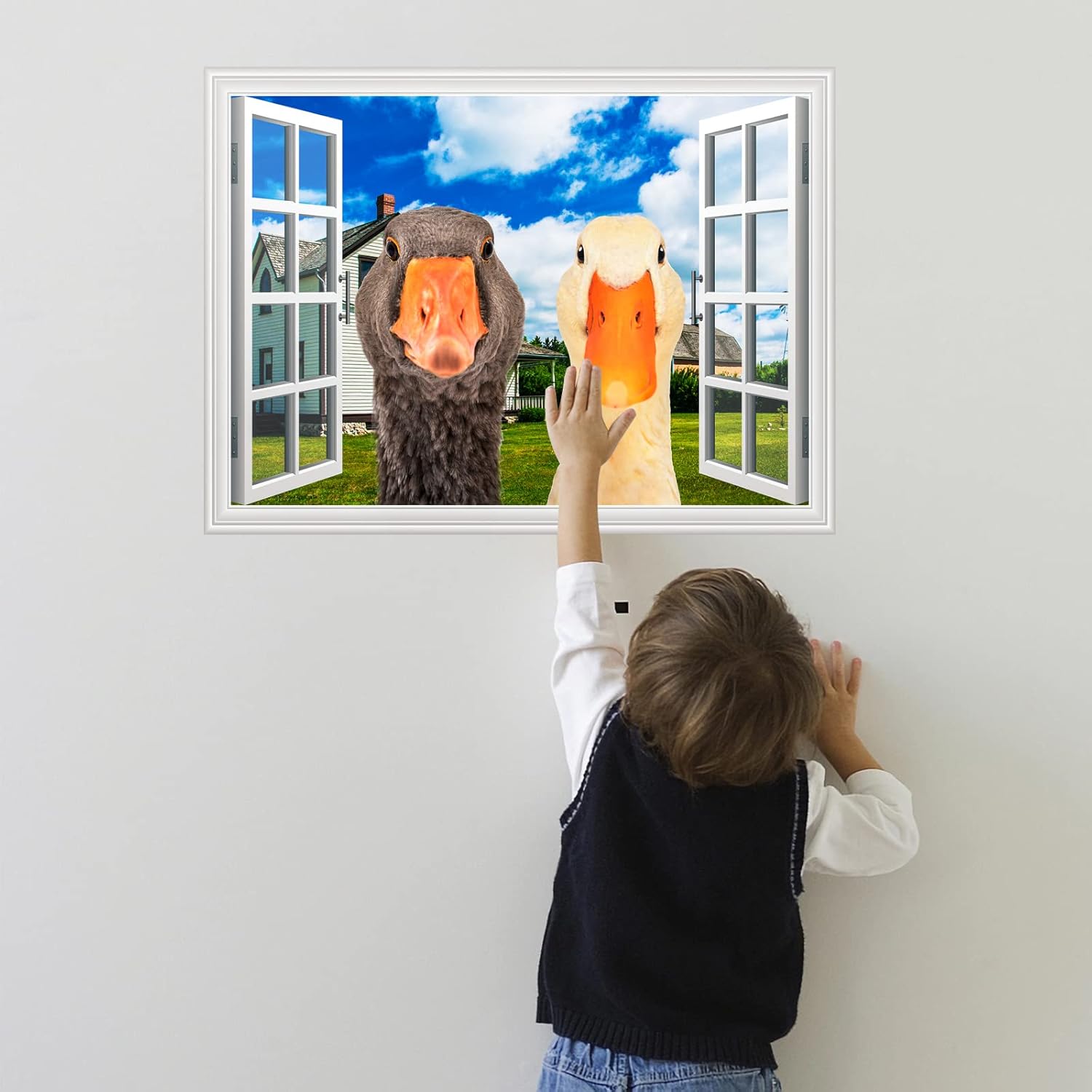 Removable 3D Window Wall Decals Funny Bear Wall Art Sticker Peel and Stick 3D Window View Bear Fun Wall Mural Sticker for Kids Bedroom Playroom Office Art Room Decor