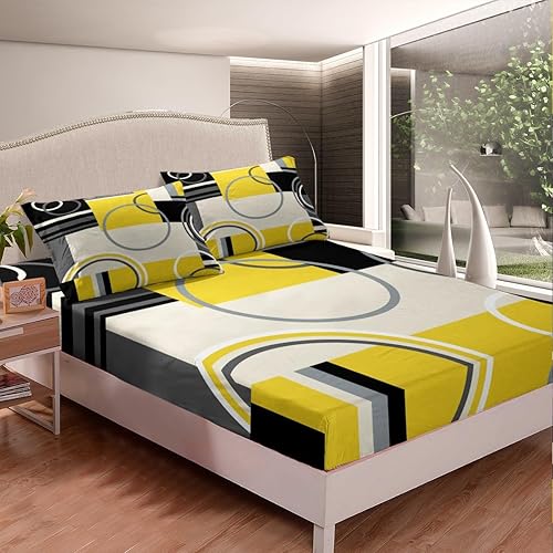 Vista 3 de Juego de sábanas modernas de tamaño Queen, color amarillo, gris y negro, juego de sábanas geométricas a rayas para niños, niñas, niños y Multi 039