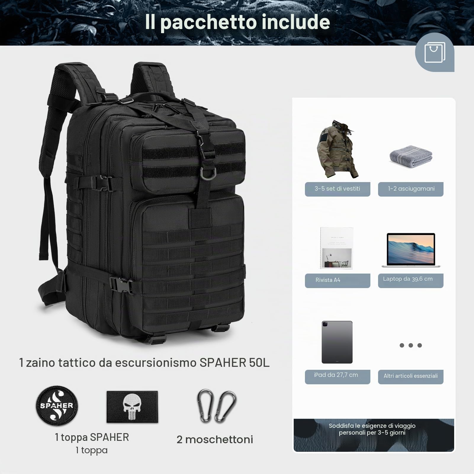 SPAHER 50L Zaino Militare Tattico Molle Assalto Viaggio per Donna Uomo Zaino da Trekking 800D Oxford per Escursionismo Alpinismo Sport Campeggio Survival