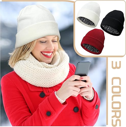 Miniatura 6 de Eurzom Gorro de invierno con forro de satén para invierno 3 unidades con puños cálidos lisos de satén para invierno con forro para hombres mujeres