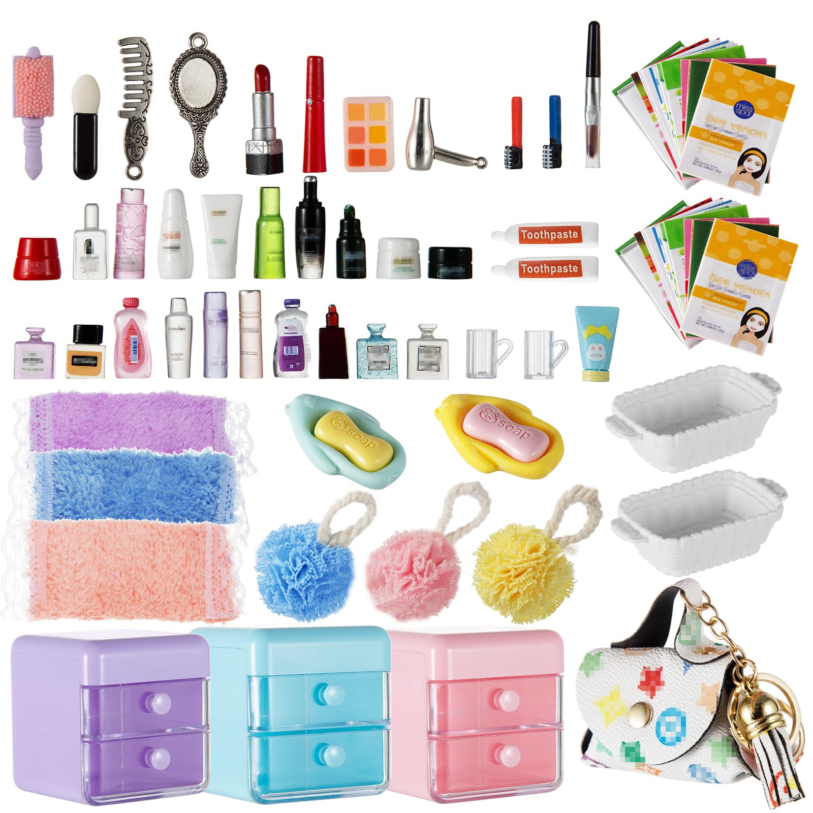 72Pcs Dollhouse Mini Jewelry Storage Case Handbag Towel Cosmetic Set Bathroom Acessories Toothbrush Shampoo Perfume Hair Dryer Comb Purse Decor DIY Doll Backpack Girl Micro Scene