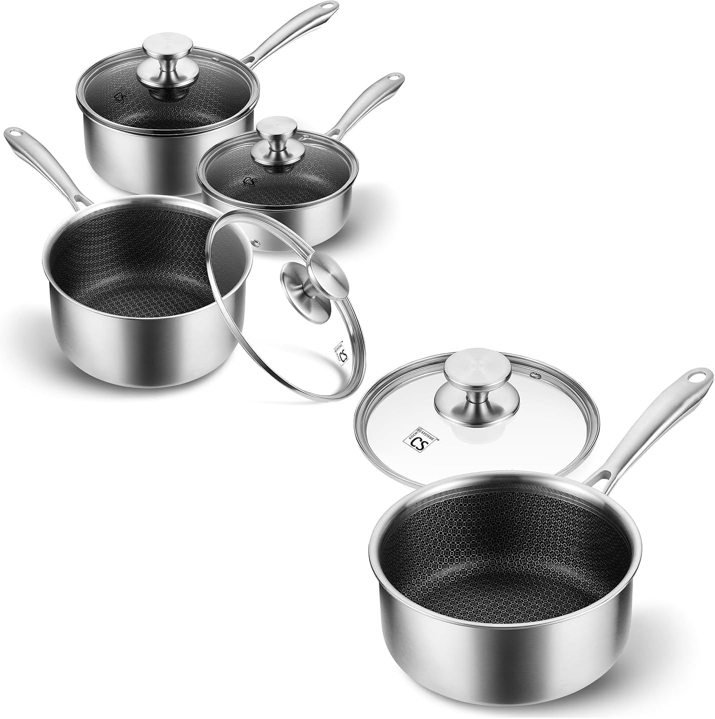 KOCH SYSTEME CS Hybrid Nonstick Stainless Steel Saucepan Set, 6-Piece Triply Stainless Steel Saucepan Set with Hybrid Honeycomb Interior, 1QT & 2QT & 3QT Sauce Pans, Induction Ready, Steel Pot Set