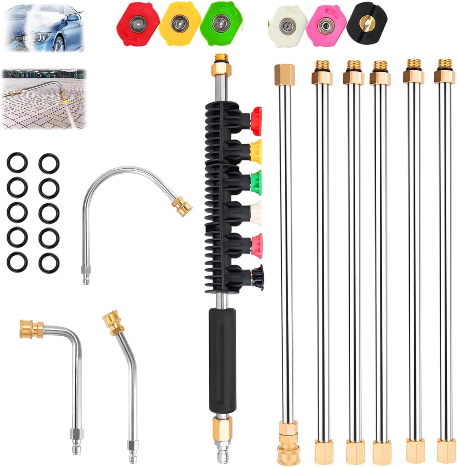 Pressure Washer Extension Wand for Gutter Cleaning, Pressure Washer Extension Wandwith 6 Spray Nozzle Tips, 3 Gutter Cleaner Attachments Curved Rod, 1/4" Quick Connect, 4000 PSI (10PCS)