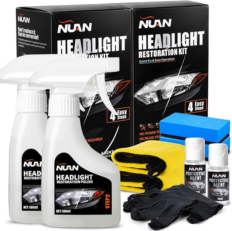 Kit de restauração de faróis NUAN com fluido de limpeza e revestimento protetor – 2 unidades