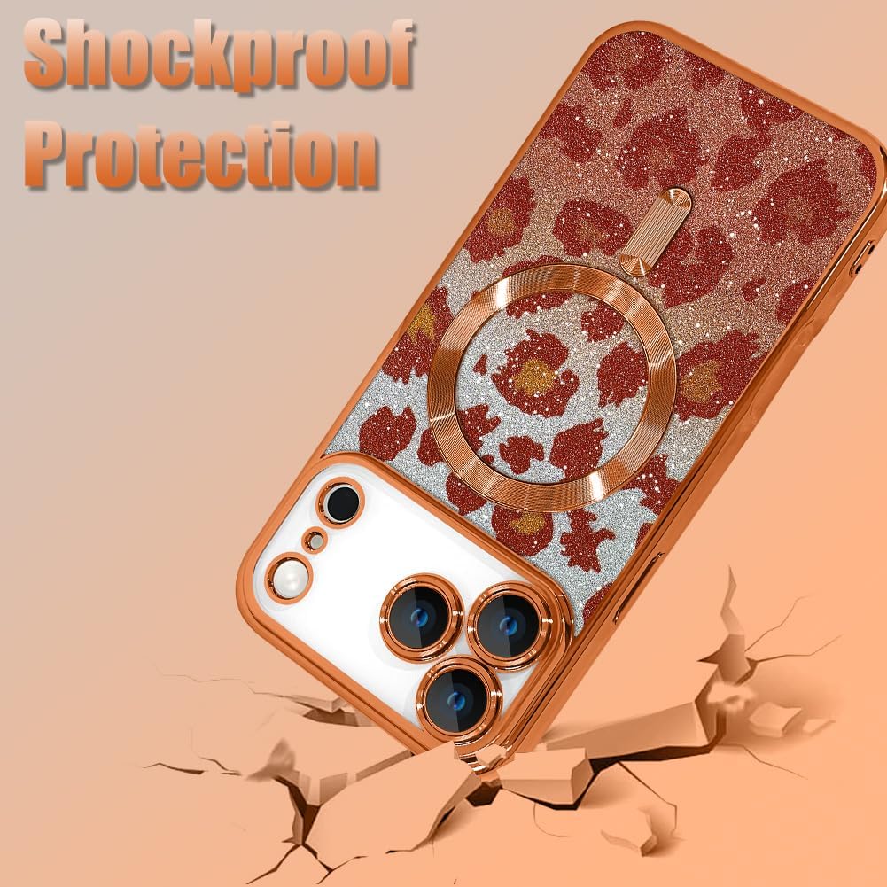 Case Fit for iPhone 17 Pro Max 6.9 Inch [Compatible with MagSafe] Glitter Bling Magnetic Phone Case [2 Pieces of Leopard Print Design Insert] Soft TPU Shockproof Phone Cover for Women - Orange