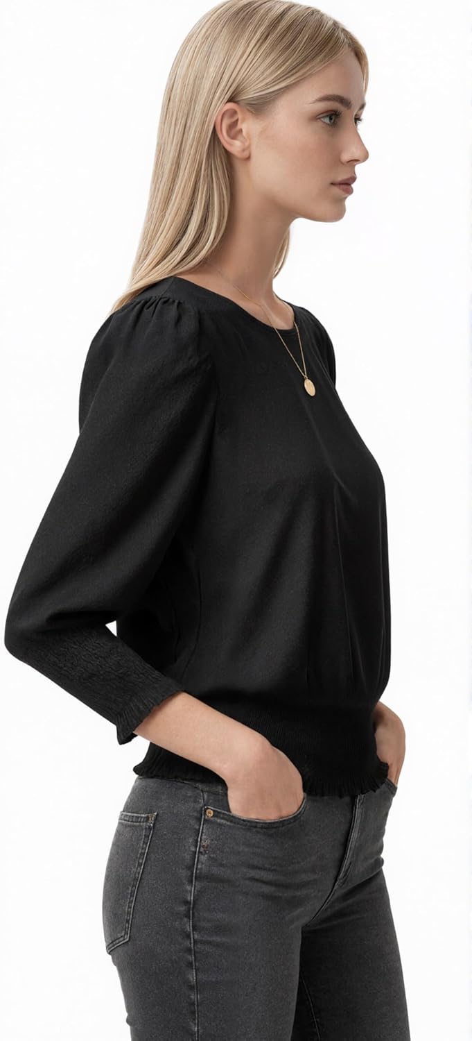 Banded Bottom Tops for Women Smocked Tops Elastic Cinched Waist Top Dressy Blouse 3/4 Length Sleeve Casual Outfits - Image 3