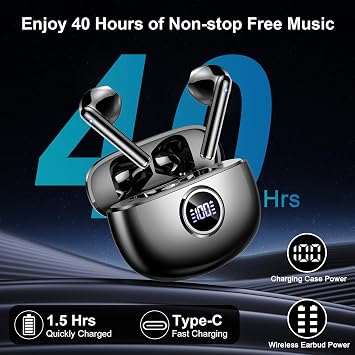 Wireless Earbuds, 2025 Bluetooth 5.3 Headphones HiFi Stereo Ear buds with ENC Noise Cancelling Mics, 40H Bluetooth Earbuds with Dual LED Display, IP7 Waterproof in Ear Earphones for Android iOS, Black