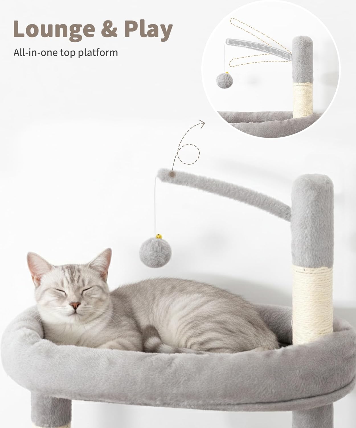 Heavy Duty Cat Tree for Indoor Cat, 74 Inch Cat Tower with Scratching Post, Hanging Basket, Cat Condo with Large Platform for Large Cats, PMT04GY, Grey