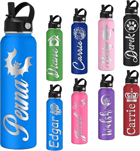Botellas de agua personalizadas con pajilla, botella de agua deportiva de acero inoxidable personalizada de 24 onzas con nombre grabado, botellas de