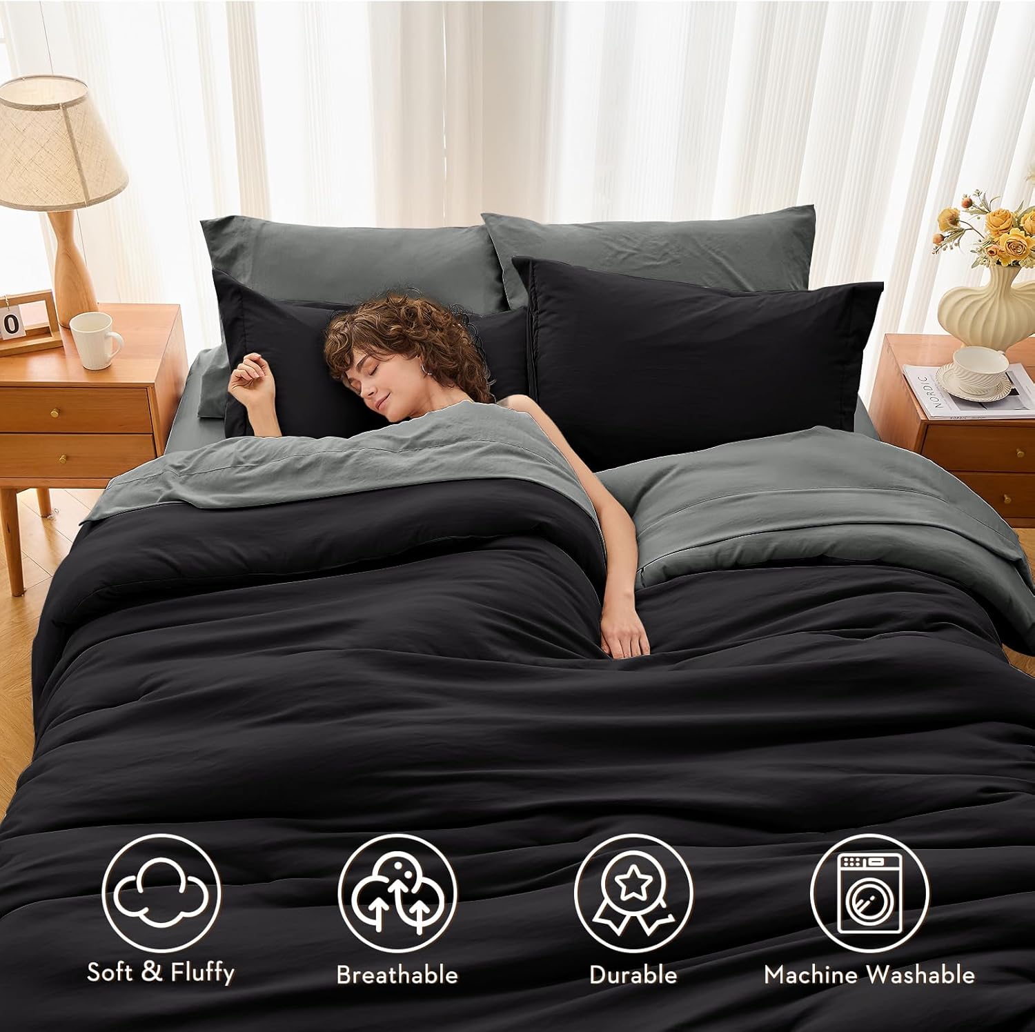 muxhomo 7 pieces king comforter set, soft bed in a bag king size, all season bedding set with comforter, flat sheet, fitted sheet, pillowcases & shams, black & grey king(104"x 90") black/grey