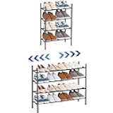 Expandable Shoe Rack, 16 Pairs Stackable Small Shoe Rack, Metal Adjustable Shoes Organizer for Closet, Entryway, Hallway, Garage, Front Door, Shoes Shelves, Black 4 Tier