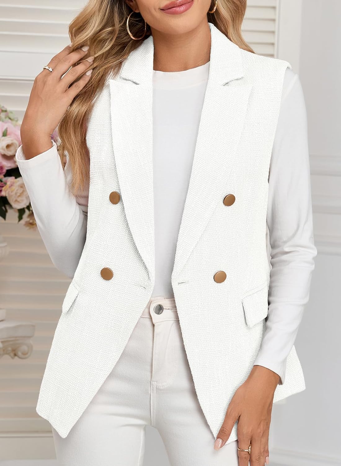 Happy Sailed Women’s Vest Tops Fall Winter Sleeveless Tweed Blazer Jackets Double Breasted Work Suit with Pockets