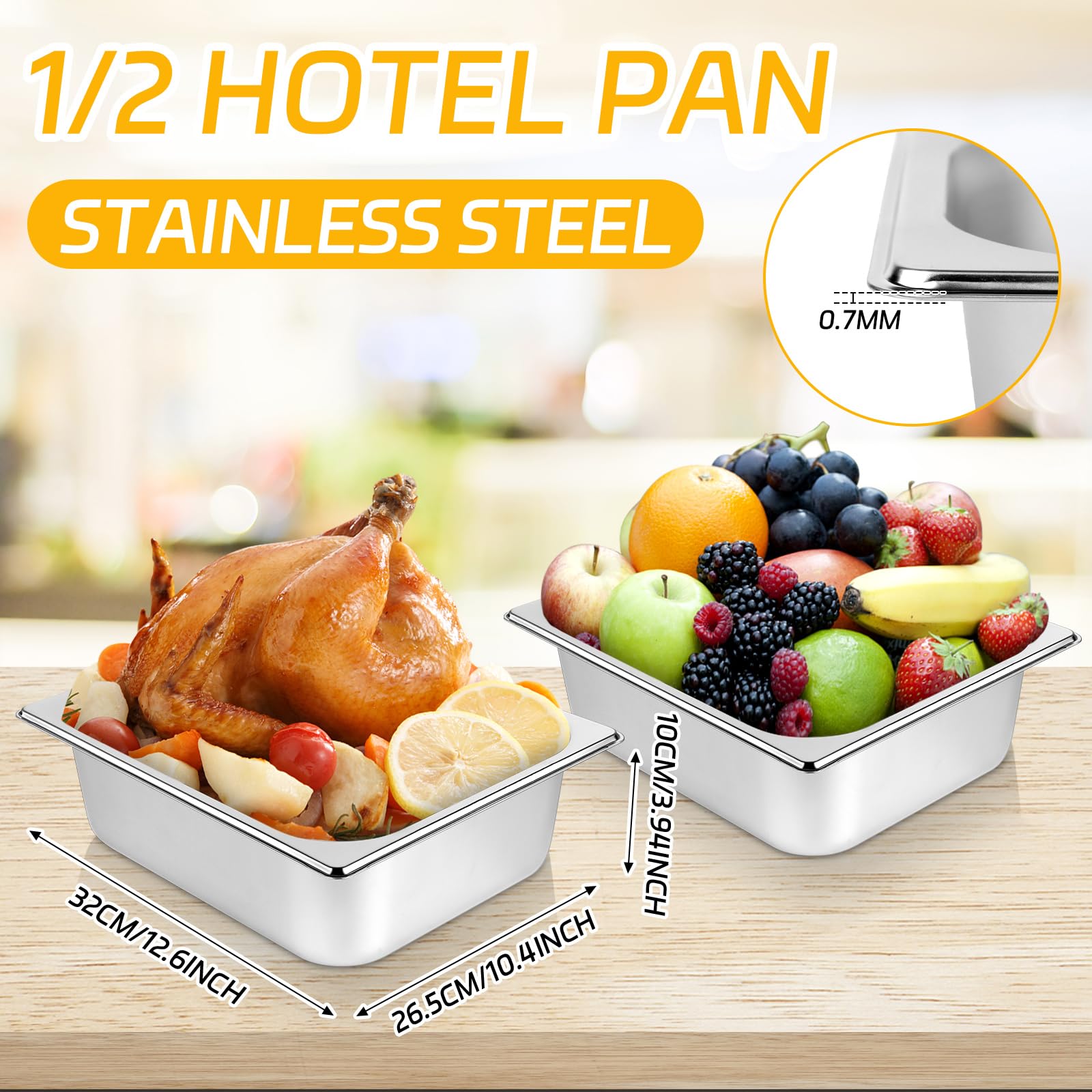 Set di 3 contenitori Gastronorm in acciaio inox, 1/2, profondità 100, 240, 300 mm, con coperchio, 3,5 l, in acciaio inox, set di utensili da portata per catering (profondità 100 mm con