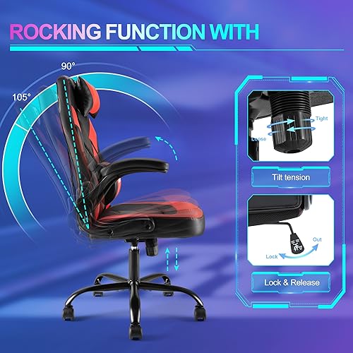 Miniatura 5 de Silla ergonómica de escritorio para juegos de computadora, piel sintética con soporte lumbar ajustable y reposacabezas, reposabrazos abatibles,
