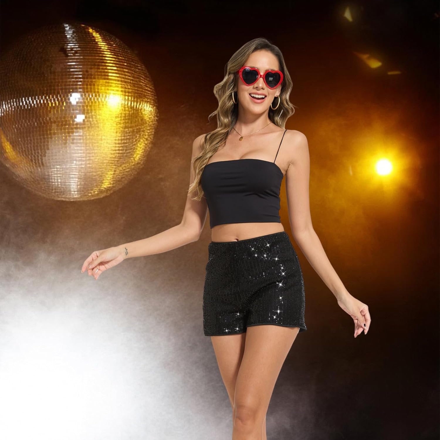 Women's Hippie Disco Outfit Sequins High Waisted Shorts and Heart Sunglasses Solid Glitter Party Shorts Halloween - Image 4