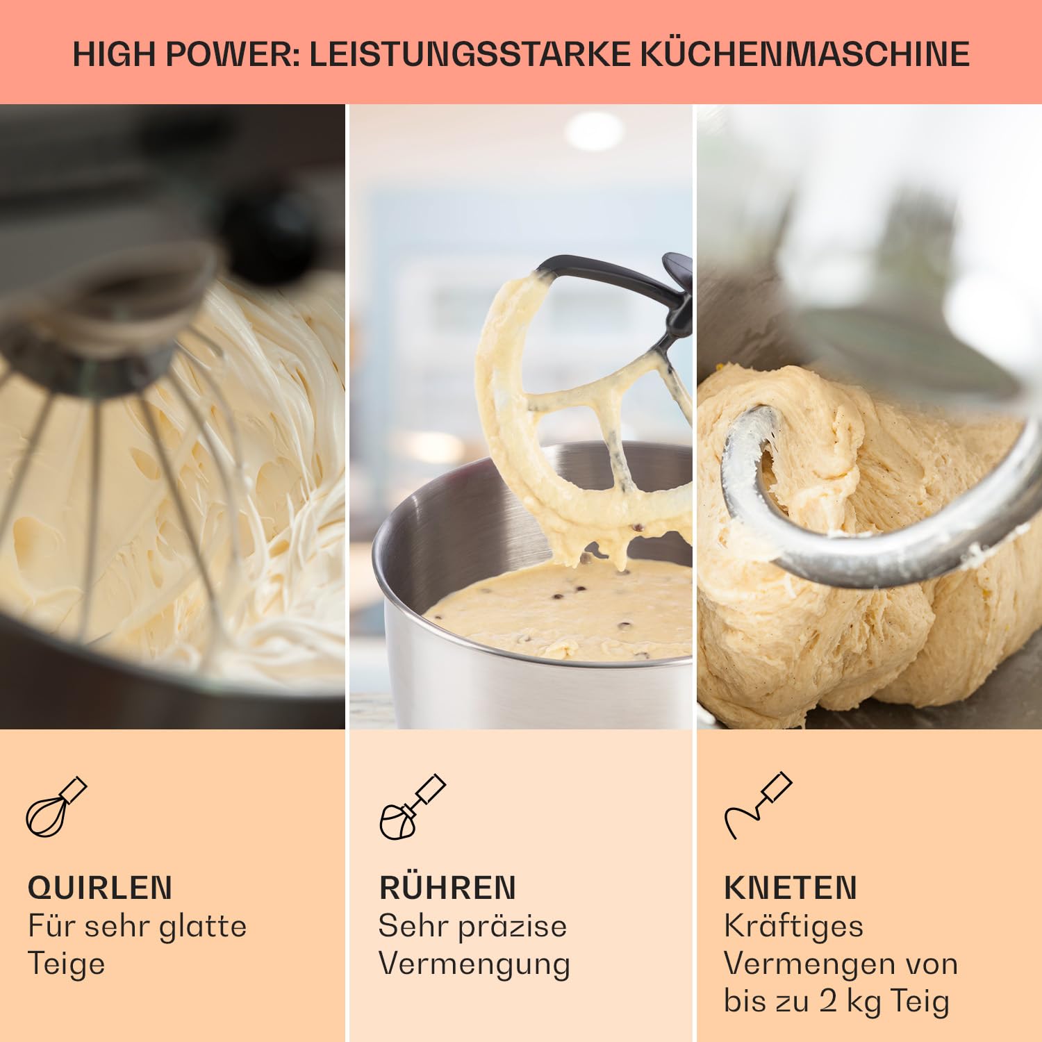 Klarstein Küchenmaschine, Knetmaschine mit 5L Schüssel, 2000W Profi Gerät mit Knethaken und Schneebesen, Universal Küchenmaschine mit 6 Stufen zum Rühren, Kneten und Aufschlagen