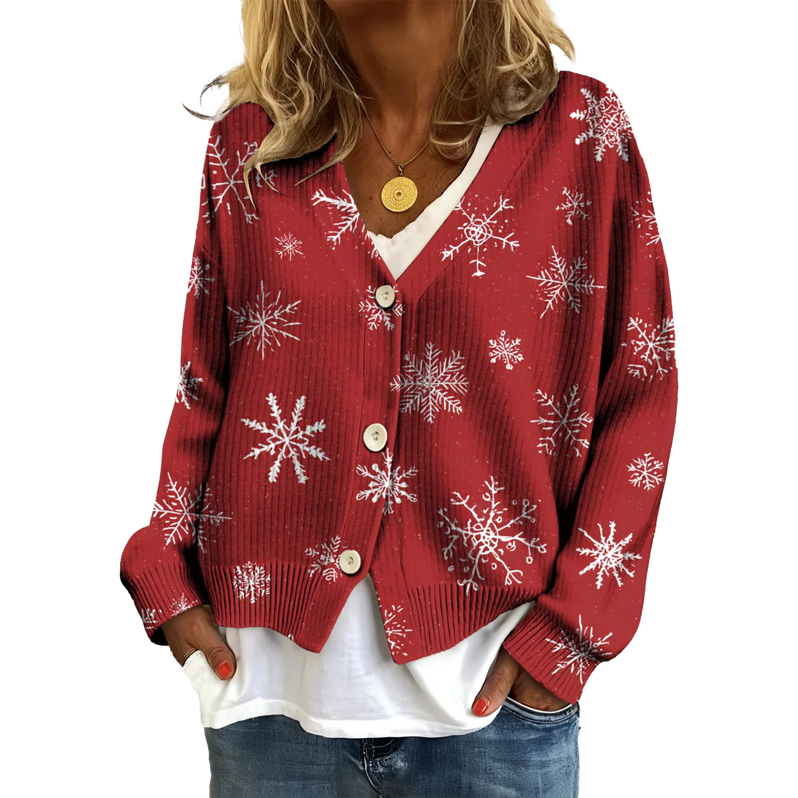 Christmas Cardigan for Women 2025 Funny Graphic Xmas Pullover Sweater Casual Loose Fit V Neck Button up Cardigan