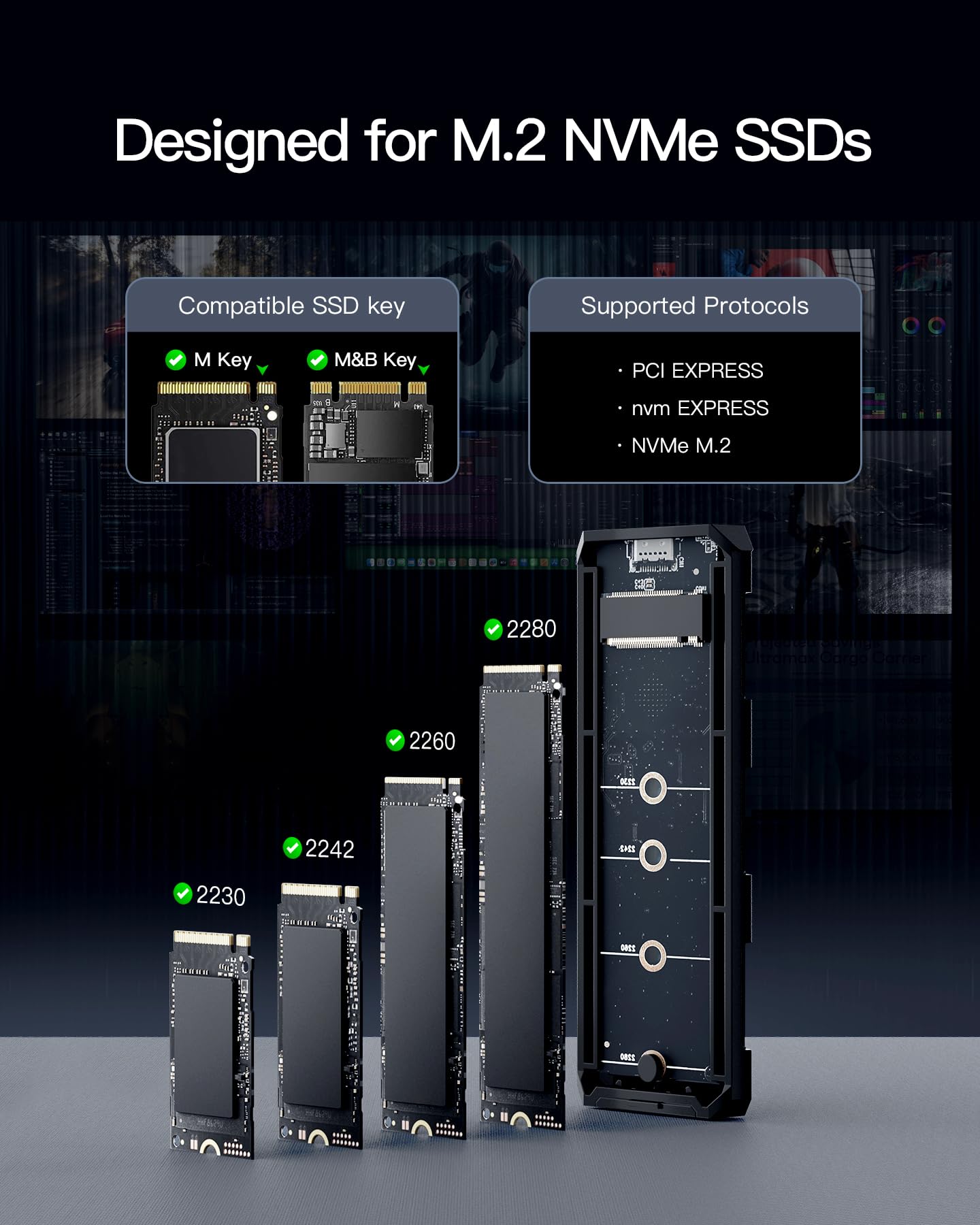 Inateck RGB Custodia SSD M.2 NVMe SATA, USB 3.2 Gen 2 (10 Gbps) Custodia con Supporto UASP Trim per SSD NVME/SATA 2242/2260/2280 (Chiave M/M&B), Installazione Senza Attrezzi (Fino a 4 TB), FE2024
