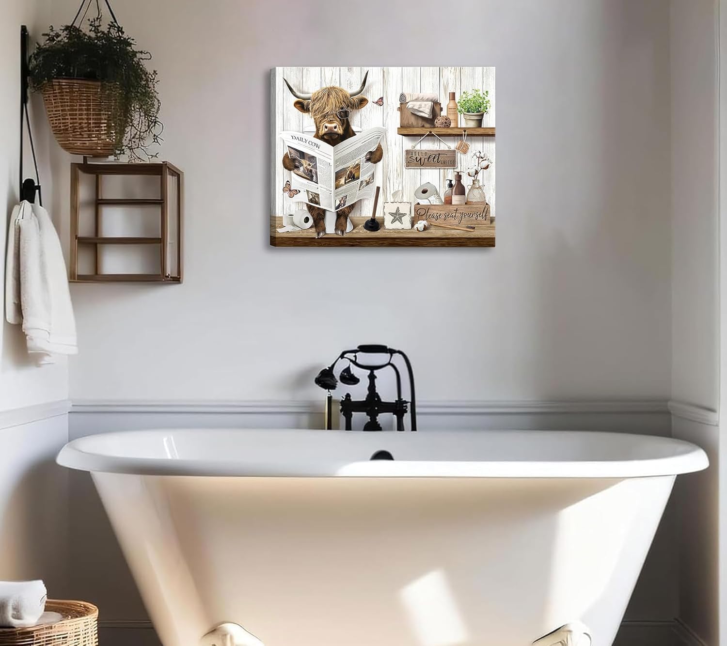 Funny Highland Cow Bathroom Canvas Wall Art Cow Reading Newspaper On Toilet Painting Picture Wall Decor Rustic Farmhouse Animal Framed Poster Print Artwork for Bathroom Home Decoration 16x24in
