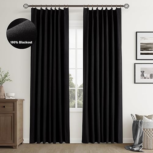 Joywell Cortinas de lino 100% opacas de 96 pulgadas de largo, cortinas plisadas con pestañas traseras con ganchos, oscurecimiento de habitación,