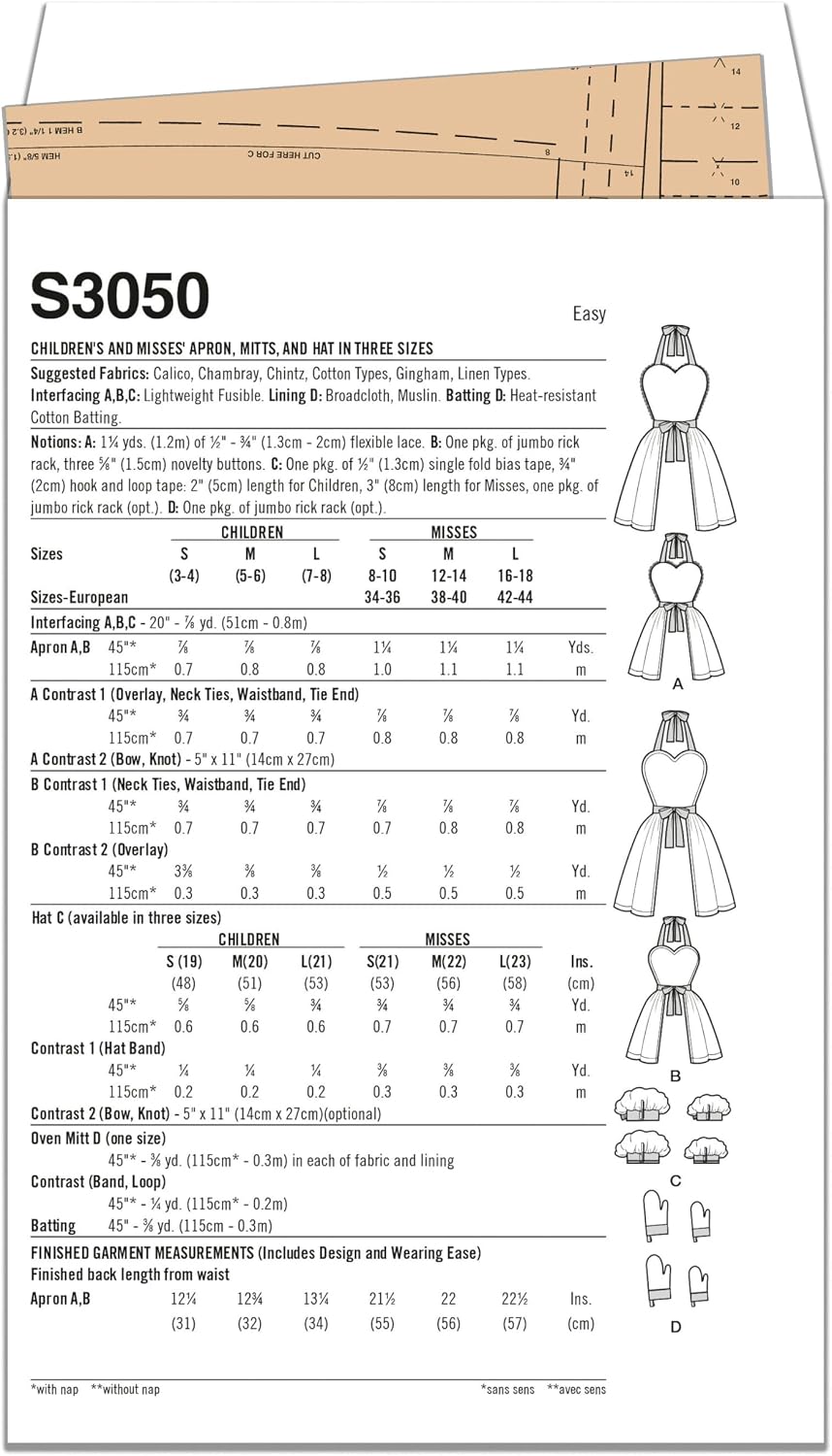 Simplicity SS3050A Children's and Misses' Apron, Mitts and Hat Sewing Pattern Packet, Design Code S3050, Sizes S - L / S - L, Multicolor