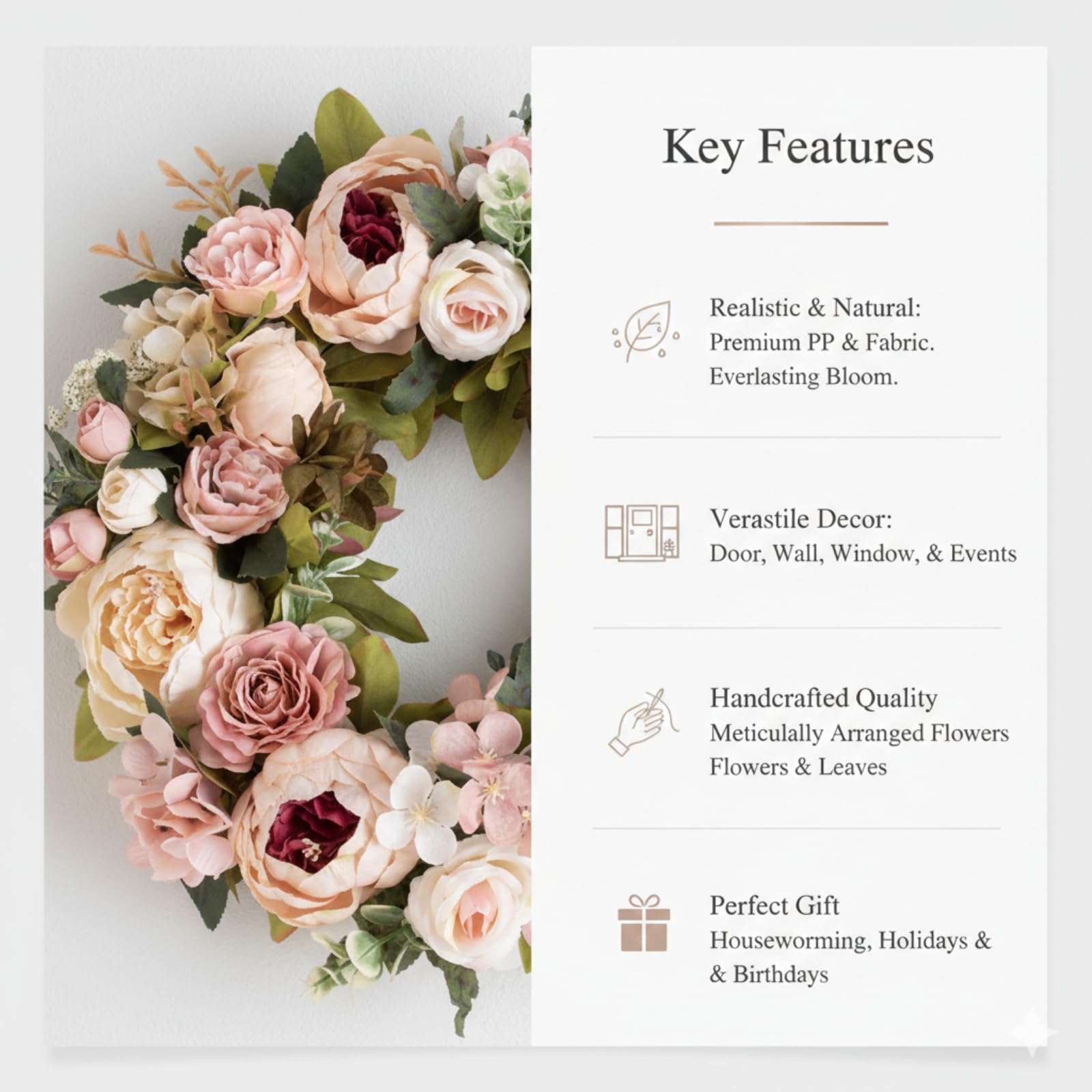 Ghirlanda Primaverile per Porta d'Ingresso 40 cm, Fiori Artificiali, Decorazione per Porta, Finestra, Matrimonio, Soggiorno